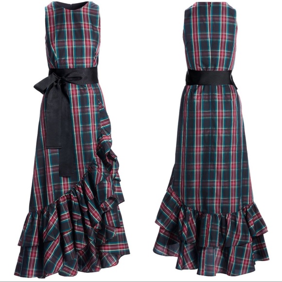 NWT Boston Proper Tartan Plaid Sleeveless High Neck Taffeta Ruffle Gown - Picture 10 of 12
